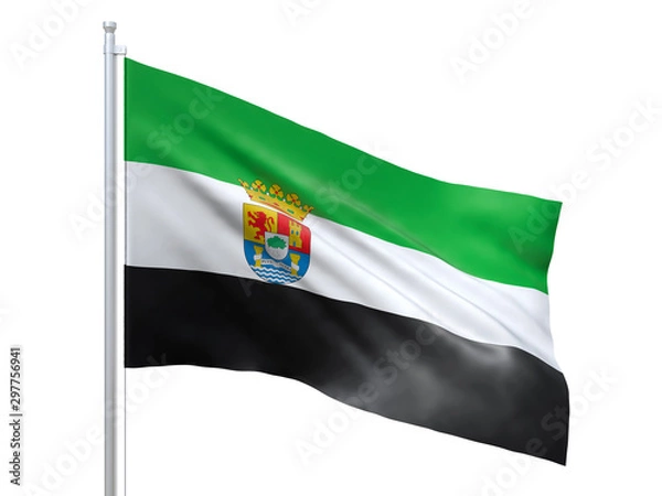 Fototapeta Extremadura (autonomous community in Spain) flag waving on white background, close up, isolated. 3D render