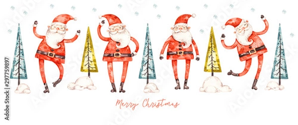 Fototapeta Watercolor santa claus and christmas tree in naive childish style, greeting banner decoration. Merry christmas and happy new year aqarelle poster isolated on white background
