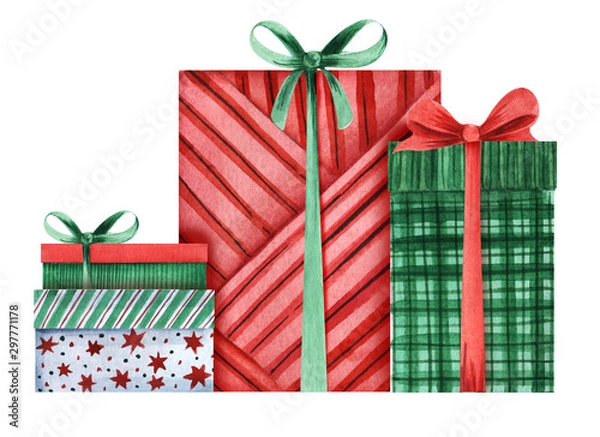 Fototapeta Composition of four gift boxes with bows covered with decorative paper. Red and green boxes. Christmas presents. hand-drawn watercolor illustration isolated on white background