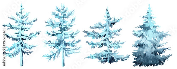 Fototapeta Set of watercolor christmas trees, hand drawn on a white background. Christmas card. blue christmas tree with snow on the branches.