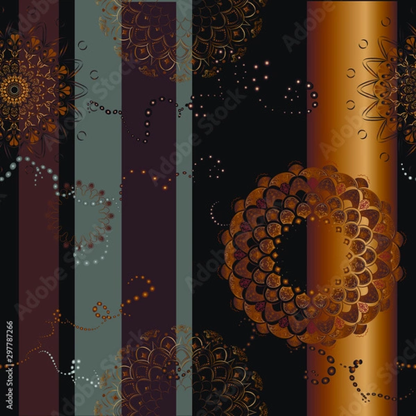 Obraz Seamless pattern - gold and brown lace patterns. Background - vertical stripes - gray and burgundy. Greeting card, invitation, curtains, scarf, tablecloth, bedding material.