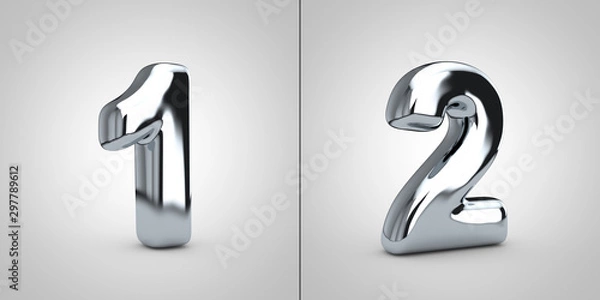 Fototapeta Chrome alphabet numbers 1 and 2 isolated on white background
