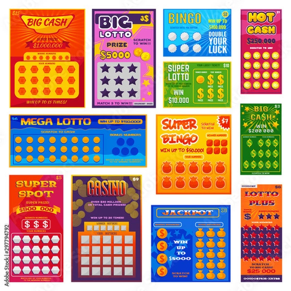 Obraz Lottery ticket vector lucky bingo card win chance lotto game jackpot ticketing set illustration lottery gaming tickets isolated on white background