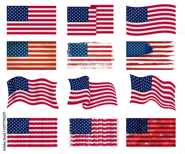 Obraz Flaga USA wektor amerykański symbol narodowy stanów zjednoczonych z gwiazdami paski ilustracja wolność niezależność zestaw flagowany godło patriotyczne na białym tle