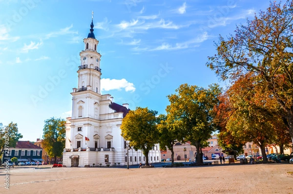 Obraz Town Hall on and adjacent Town Hall Square in Kaunas, Lithuania photographed in the autumn season with fall leaves. Second largest Lithuanian city, Baltic states, Baltics
