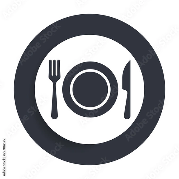 Obraz Plate with fork and knife icon flat vector round button clean black and white design concept isolated illustration
