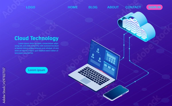 Fototapeta modern cloud technology and networking concept. Online computing technology. Big data flow processing concept, Internet data services vector illustration