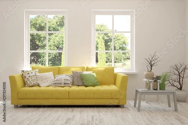 Fototapeta Stylish room in white color with sofa and summer landscape in window. Scandinavian interior design. 3D illustration
