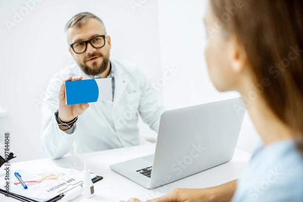 Fototapeta Senior doctor offering some medicine for a young patient, holding box with blank space to copy paste in the medical office