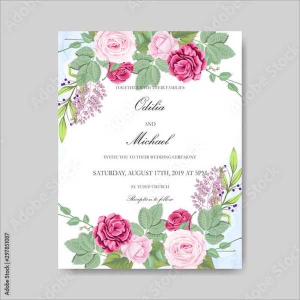 Fototapeta design, invitation, floral, illustration, card, vector, greeting, frame, wedding, beautiful, flower, nature, background, spring, vintage, romantic, template, decorative, leaf, border, decoration, art,