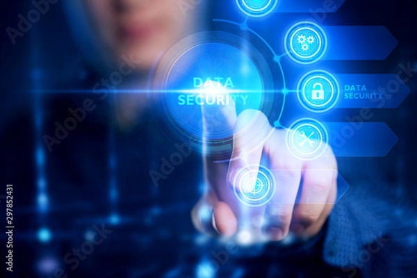 Fototapeta The concept of business, technology, the Internet and the network. A young entrepreneur working on a virtual screen of the future and sees the inscription: Data security.