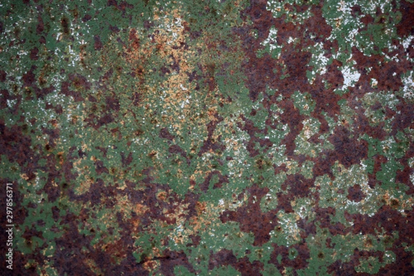 Obraz Текстура ржавой железной покрытой облупившейся зеленой краской стены.
