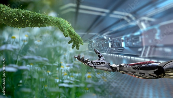 Obraz Zielonej technologii konceptualny projekt, ludzka ręka zakrywająca z trawą, luksusowa i mechaniczna ręka, 3d odpłacają się