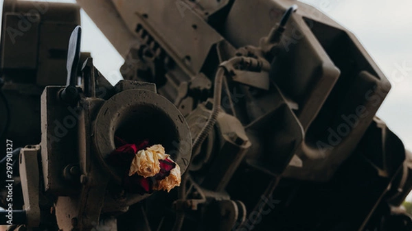 Obraz flowers placed inside the anti-aircraft defensive cannon located as a reminder of the historical facts of humanity