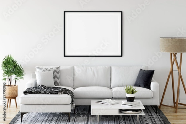 Fototapeta Frame & Poster mock up in living room. Scandinavian interior. 3d rendering, 3d illustration