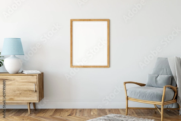 Fototapeta Frame & Poster mock up in living room. Scandinavian interior. 3d rendering, 3d illustration