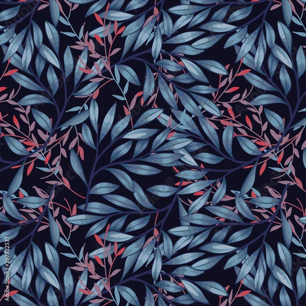 Fototapeta Blue and red leaves on dark background pattern