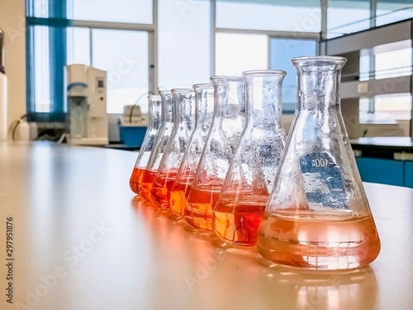 Fototapeta The Erlenmeyer flask in the line with color range solvent using for analysis calibration curve of iron in waste water sample. The experiment in chemistry laboratory.