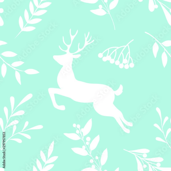 Fototapeta Christmas seamless pattern with winter decorative branch, berries, plants and deers in scandinavian colors. Vector illustration.