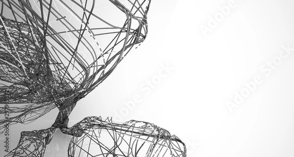 Fototapeta Abstract smooth architectural white and wire black gloss interior  with large windows. 3D illustration and rendering.