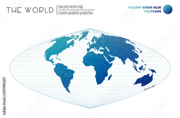 Fototapeta Polygonal map of the world. Craster parabolic projection of the world. Yellow, Green, and Blue colored polygons. Trending vector illustration.