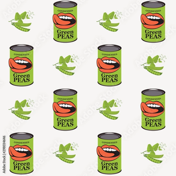 Fototapeta Vector seamless pattern with green peas, green pea cans and human mouths in retro style on light background. Repeatable flat illustrations for canned green peas