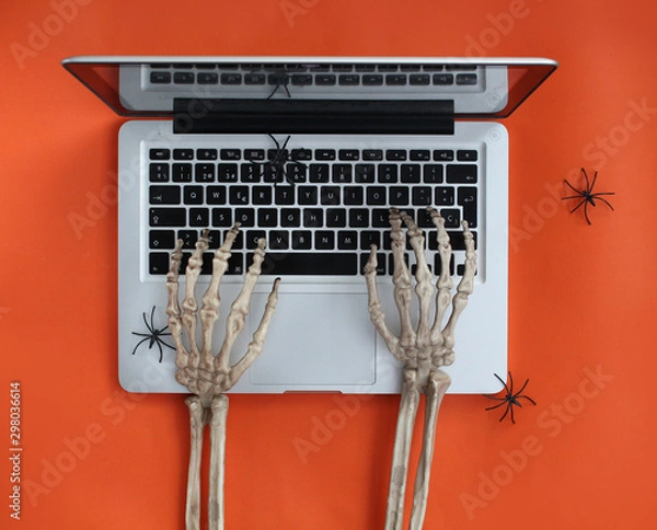 Obraz Skeleton hands typing on laptop