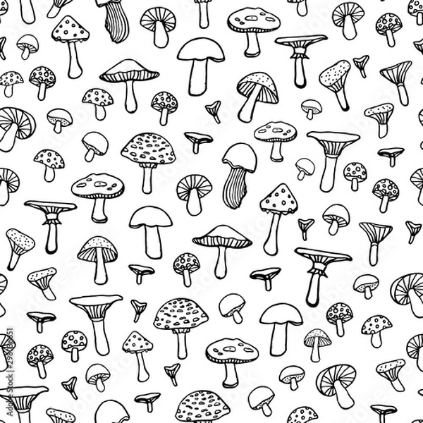 Fototapeta Seamless doodle pattern with forest mushrooms on white background. Beautiful autumn illustration in vector.