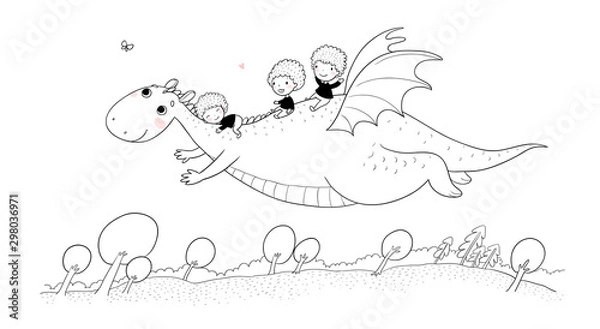 Fototapeta The boy and the dinosaur. The prince flies on a dragon.