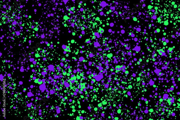 Fototapeta Neon green and purple paint splashes on black background. Abstract texture for web-design, digital printing or concept design.