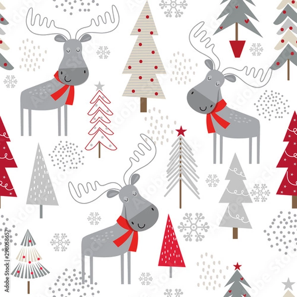 Fototapeta Seamless Christmas background with decorative Christmas trees and cute moose design