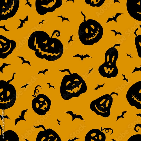 Fototapeta Pumpkins jack lantern and bats vector seamless pattern. Black silhouettes of seamless texture. Halloween.