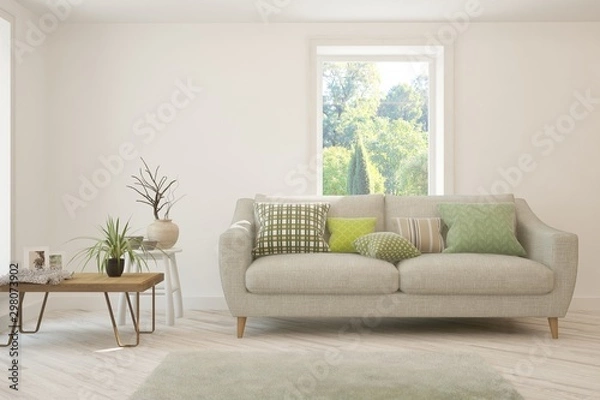 Obraz Stylish room in white color with sofa and summer landscape in window. Scandinavian interior design. 3D illustration