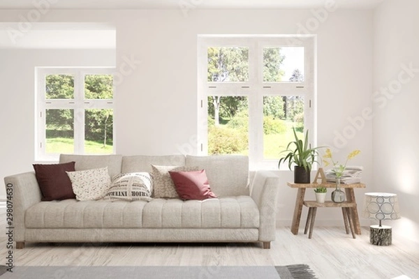 Fototapeta Stylish room in white color with sofa. Scandinavian interior design. 3D illustration