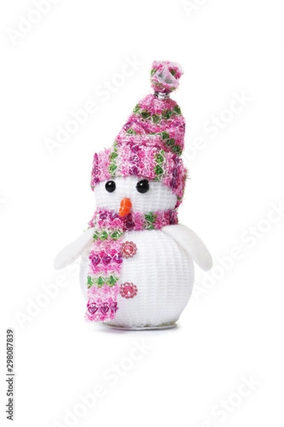 Fototapeta snowman with a pink scarf and hat isolated on a white background.