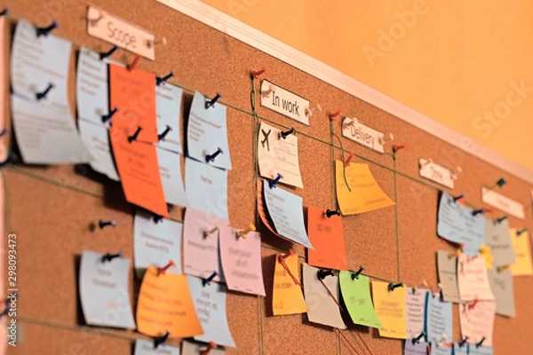 Fototapeta Close up task board, scrum, office bulletin board, agile stickers. Using tasks control of agile development methodology. Kanban board is one of tools of agile work methodology