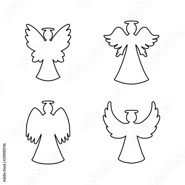 Fototapeta Vector set of four line art angels on white background. Religion decorative  symbols for New year, Christmas card