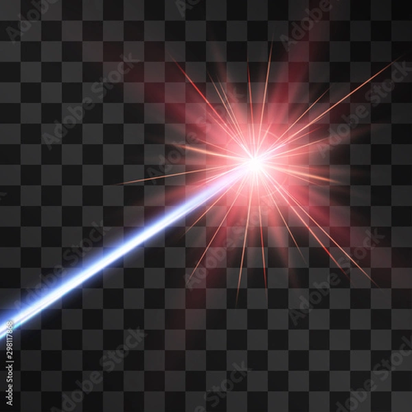 Fototapeta Blue laser beam light effect, burning explosion isolated on transparent background. Vector neon cold energy, red flash glowing gun ray with lens flare.  Hi tech shining design element for ads, posters