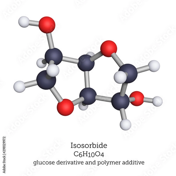 Fototapeta Isosorbide molecule shown as a 3D illustration. Recently, isosorbide has been recognized as a potential alternative to BPA for the synthesis of polycarbonates.