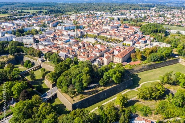 Fototapeta Start-shaped bastions and fortified walls of Ville Neuve (New town) of Longwy (Langich, Longkech) city in Lotharingia and Upper Lorraine, France. Aerial drone view of one of Fortifications of Vauban