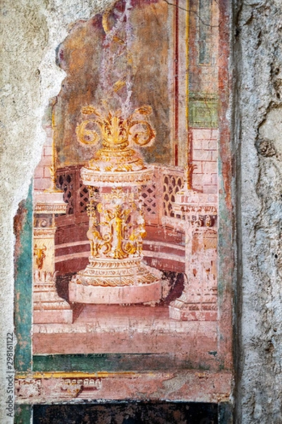 Fototapeta example of restoration of an ancient Roman fresco in a house in Pompei. Pompeii destroyed by the eruption of Vesuvius in 79 BC