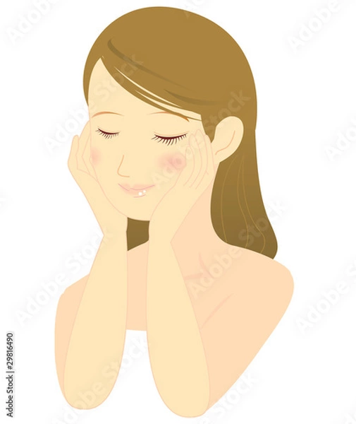 Obraz 頬を両手で押さえて肌のしっとり感を感じる日本人女性