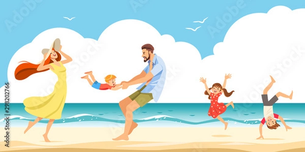 Fototapeta Good relations in family. The cheerful family taking a rest on a sandy shore in the seaside. Vector illustration.