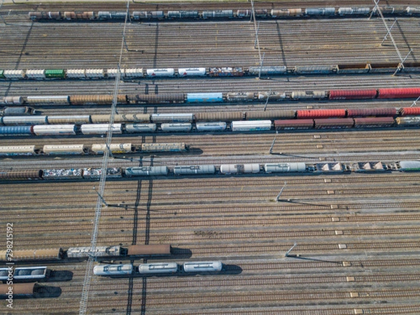 Fototapeta Aerial view of freight train wagons on large railway track field. Concept of modern logistics.