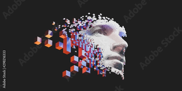 Fototapeta Abstract digital human face.  Artificial intelligence concept of big data or cyber security. 3D illustration 