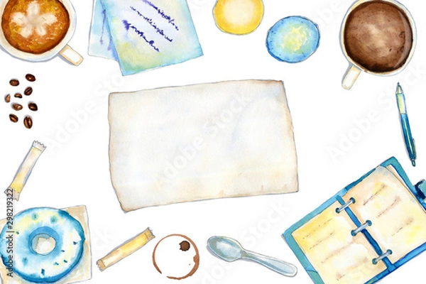 Fototapeta Watercolor horizontal coffee composition with sheet of paper
