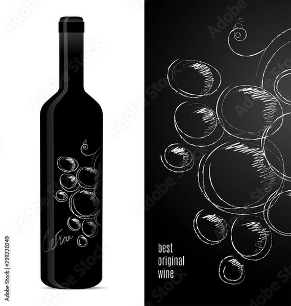 Obraz Label design for a bottle of wine with a bunch of grapes. Vector illustration.