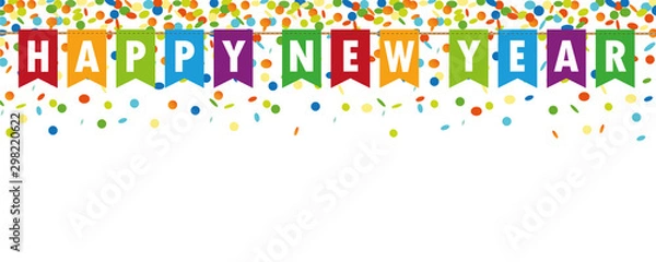 Fototapeta happy new year party flags banner with confetti rain on white background vector illustration EPS10