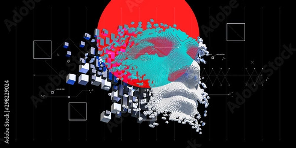 Fototapeta Abstract digital human face.  Artificial intelligence concept of big data or cyber security. 3D illustration 