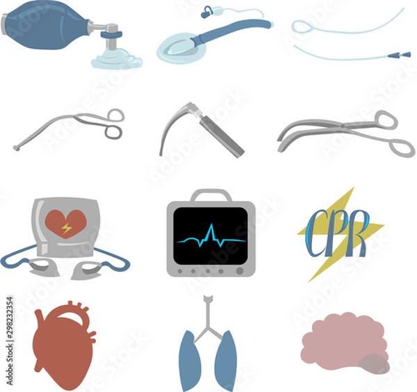 Fototapeta Set of objects for cardiopulmonary resuscitation. Urgent Care. Medical equipment. Defibrillator, ECG, ambu bag, catheter and more.